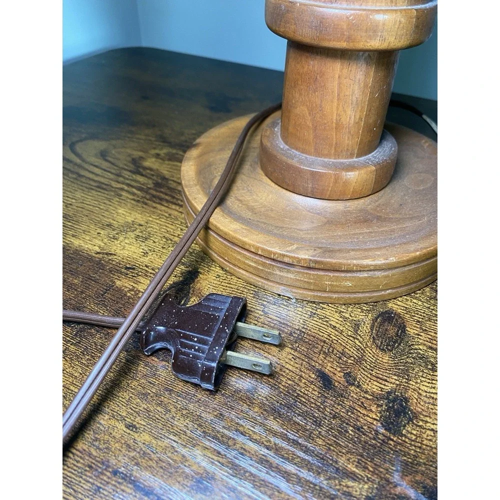 Vintage Hand Turned Wood Table Lamp Base Mid Century Brown Wooden Bedside Light